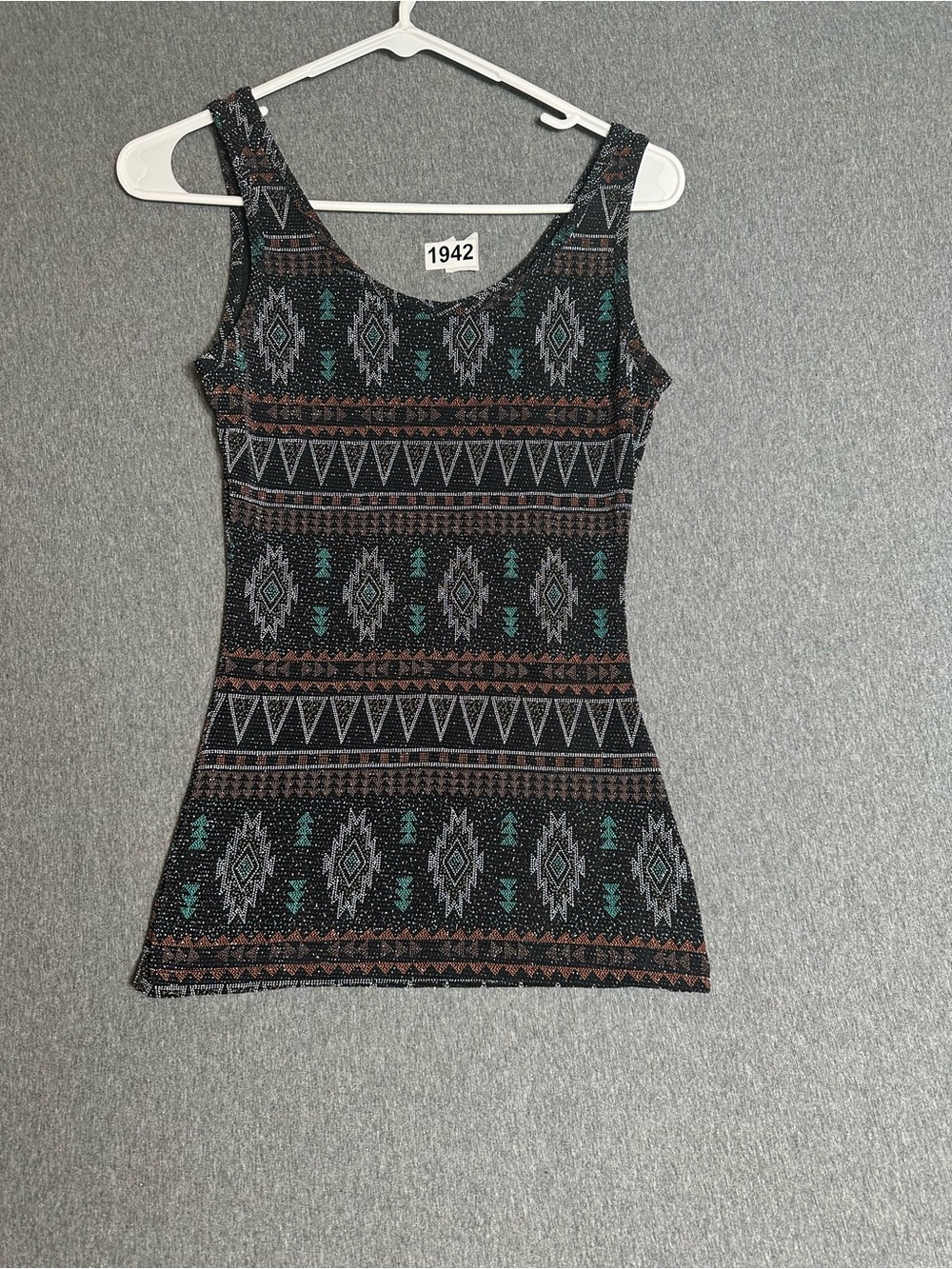BKE Black Tank Top with Teal & Brown Aztec Pattern Beaded Ladies Small